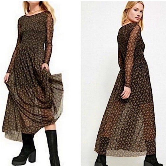 Free People Dresses & Skirts - Free People Black Floral Smocked Mesh Maxi Dress Long Sleeve Prairie Boho M
